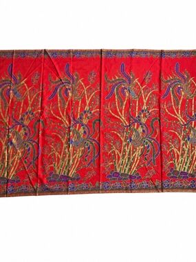 Vintage Asian Phoenix Bamboo Tapestry Wall Hanging Red Gold 75x43 Textile